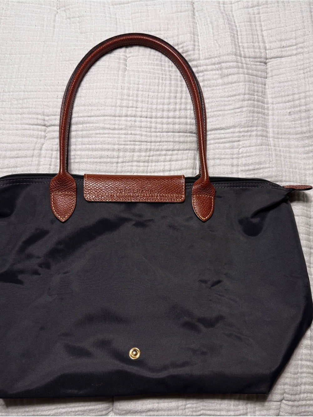 Longchamp Le Pliage Small Dark Gray Nylon Shoulder Tote Brown Leather - Picture 6 of 12